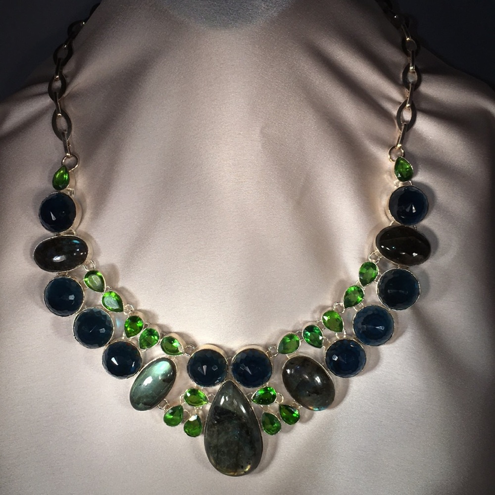 Labradorite, Peridot, & Blue Topaz  bib necklace.